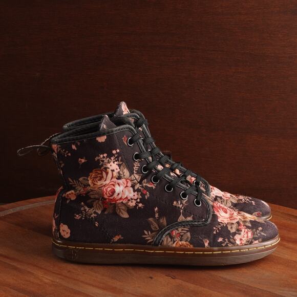 Dr. Martens Boots Womens SZ 6 BLK Shoreditch Combat Canvas Floral Ankle Academia - Picture 1 of 13
